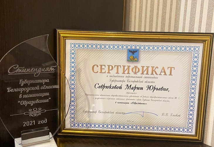 Ученица из Губкина получила сертификат на персональную стипендию Губернатора области